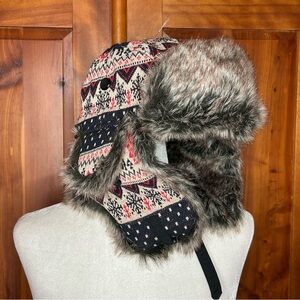 Janey&Rubbins Faux Fur Trapper Hat Ear Flaps Fair Isle Outdoor Windproof Cabin